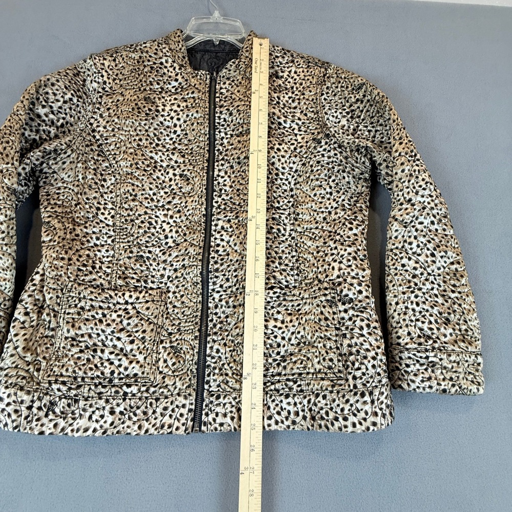 Chico's Reversible Quilted Jacket Women Size 2 Gold Leopard Gray Full Zip Mock - Picture 13 of 16